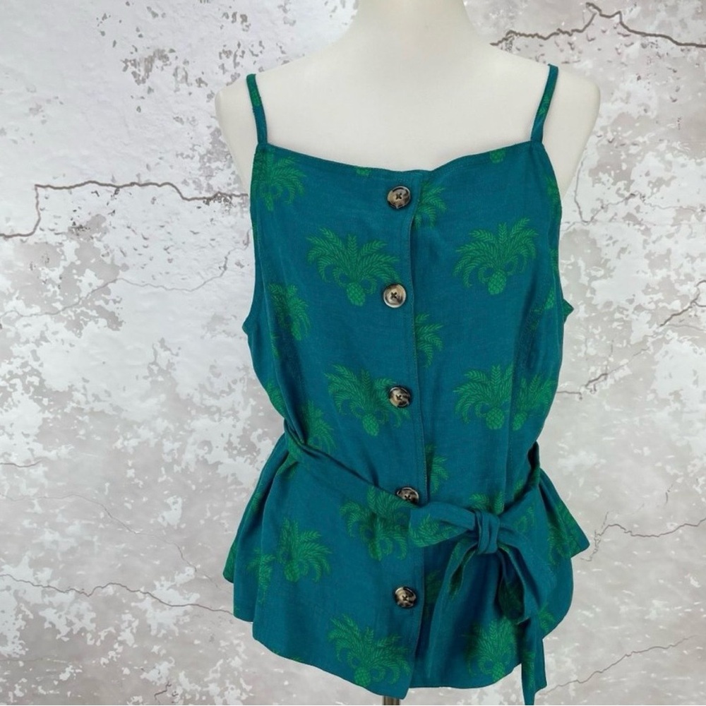 Ann Taylor Teal Palm Print Tank Top